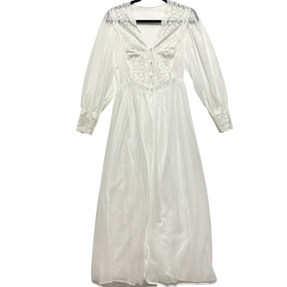 Vintage Vanity Fair Peignoir White Bridal Robe Nylon Lace Long Sleeve Size 34